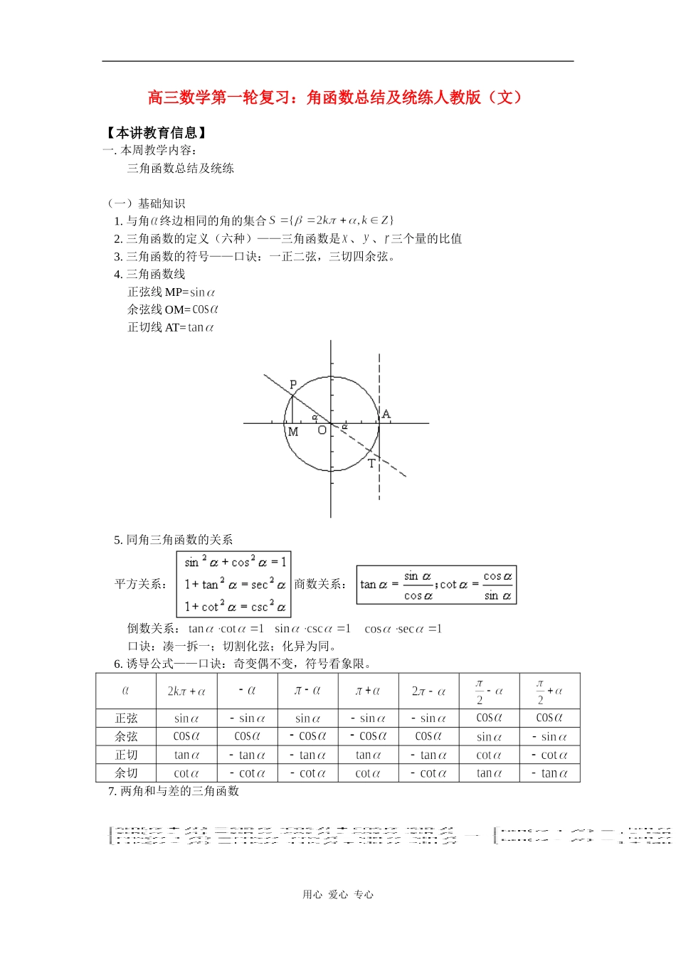 高三数学第一轮复习：角函数总结及统练人教版（文）知识精讲_第1页