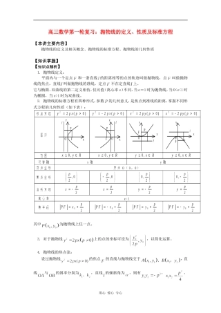 高三数学第一轮复习：抛物线的定义、性质及标准方程知识精讲