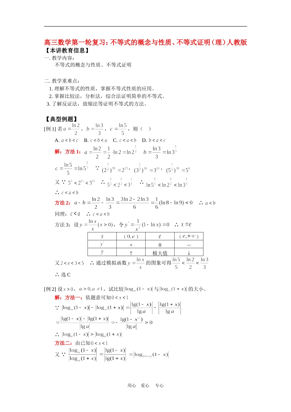 高三数学第一轮复习：不等式的概念与性质、不等式证明（理）人教版知识精讲_第1页