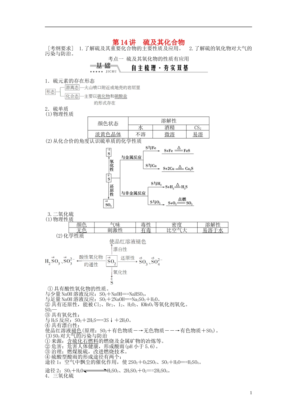 （通用版）高考化学一轮复习 第四章 非金属及其化合物 第14讲 硫及其化合物讲义-人教版高三全册化学教案_第1页