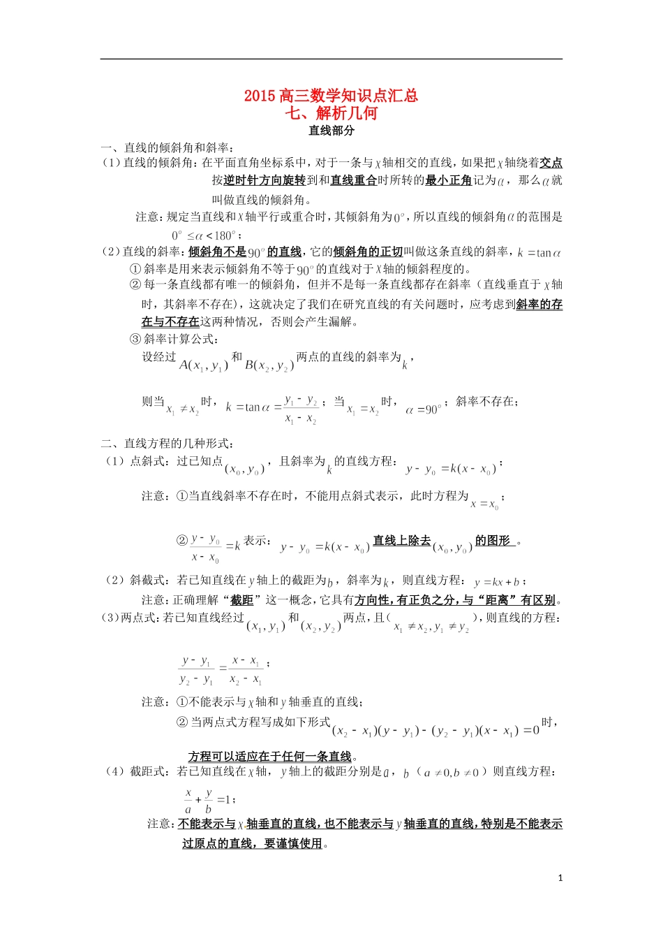 高三数学知识点汇总 专题 解析几何-人教版高三全册数学试题_第1页