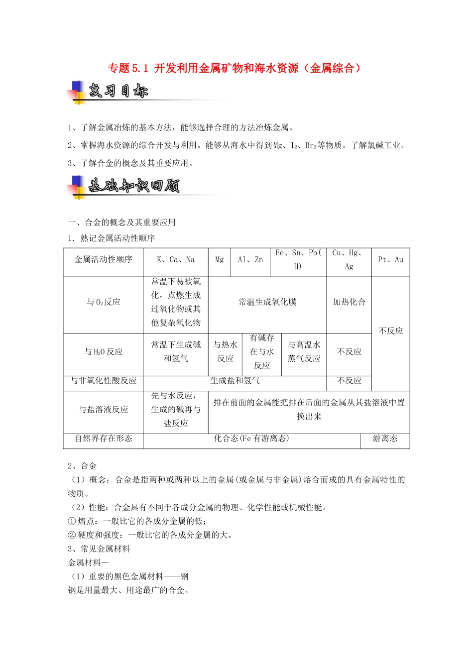 （讲练测）高考化学一轮复习 专题5.1 开发利用金属矿物和海水资源（金属综合）（讲）（含解析）-人教版高三全册化学教案_第1页