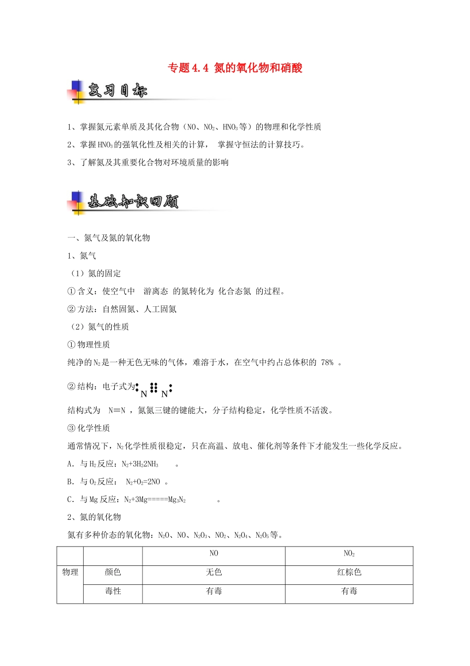 （讲练测）高考化学一轮复习 专题4.4 氮的氧化物和硝酸（讲）（含解析）-人教版高三全册化学教案_第1页