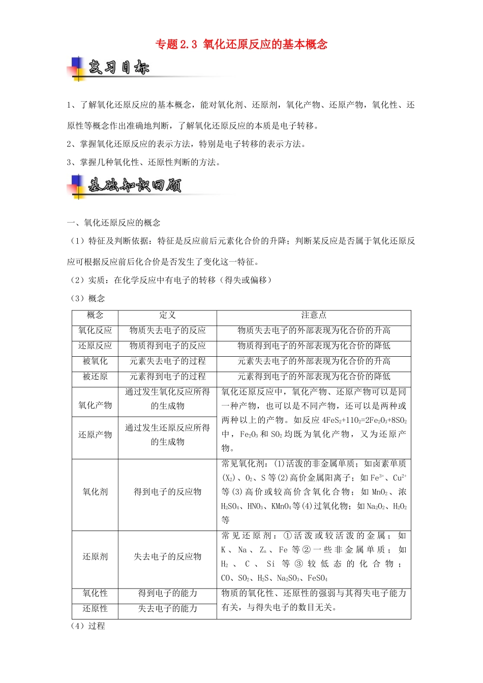 （讲练测）高考化学一轮复习 专题2.3 氧化还原反应的基本概念（讲）（含解析）-人教版高三全册化学教案_第1页