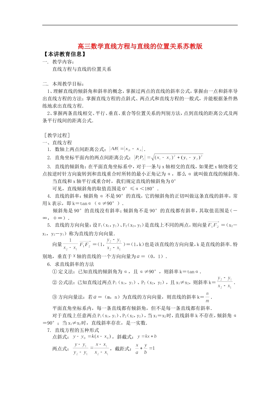高三数学直线方程与直线的位置关系知识精讲苏教版_第1页
