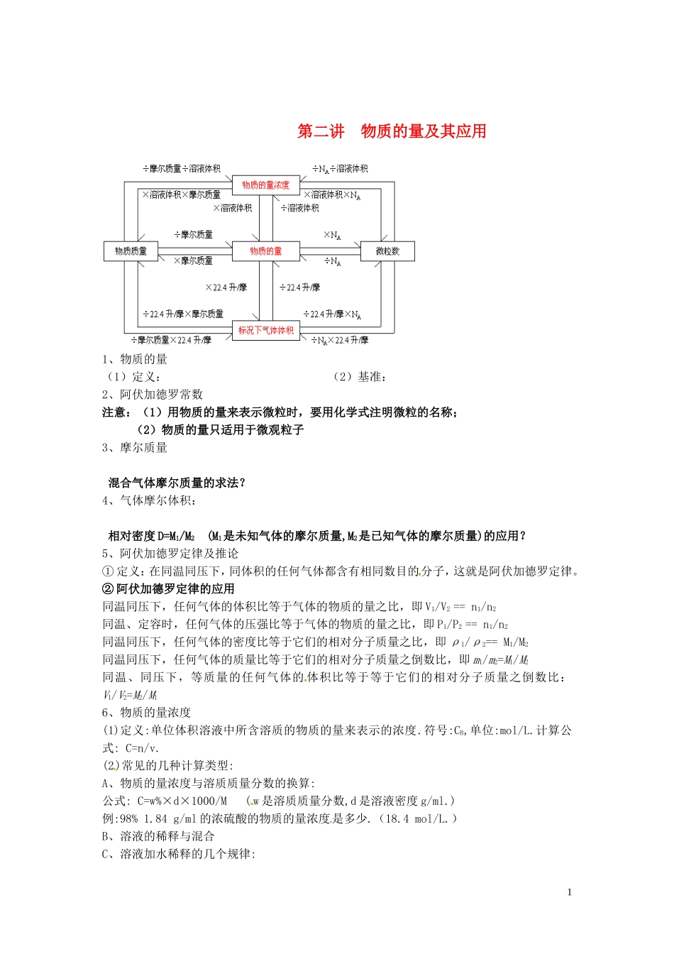 （衔接课程）2014年高二升高三化学暑假辅导资料 第二讲 物质的量及其应用_第1页