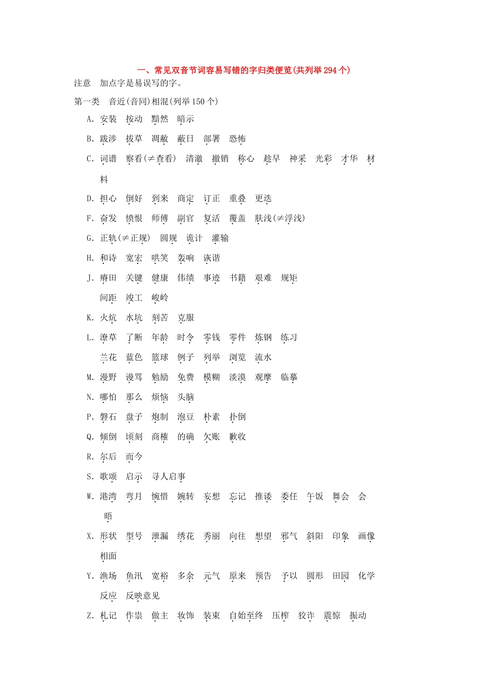 （湖南专用）2014高考语文一轮复习 第一部分第二单元附录 常见双音节词容易写错的字归类便览(共列举294个)_第1页