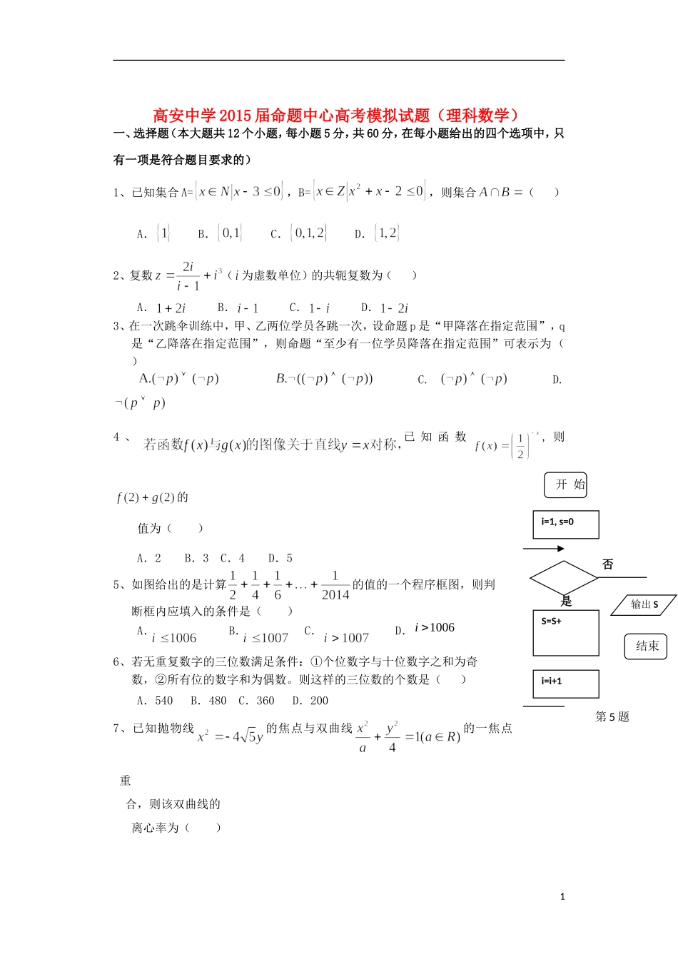 高三数学模拟押题（一）理-人教版高三全册数学试题_第1页