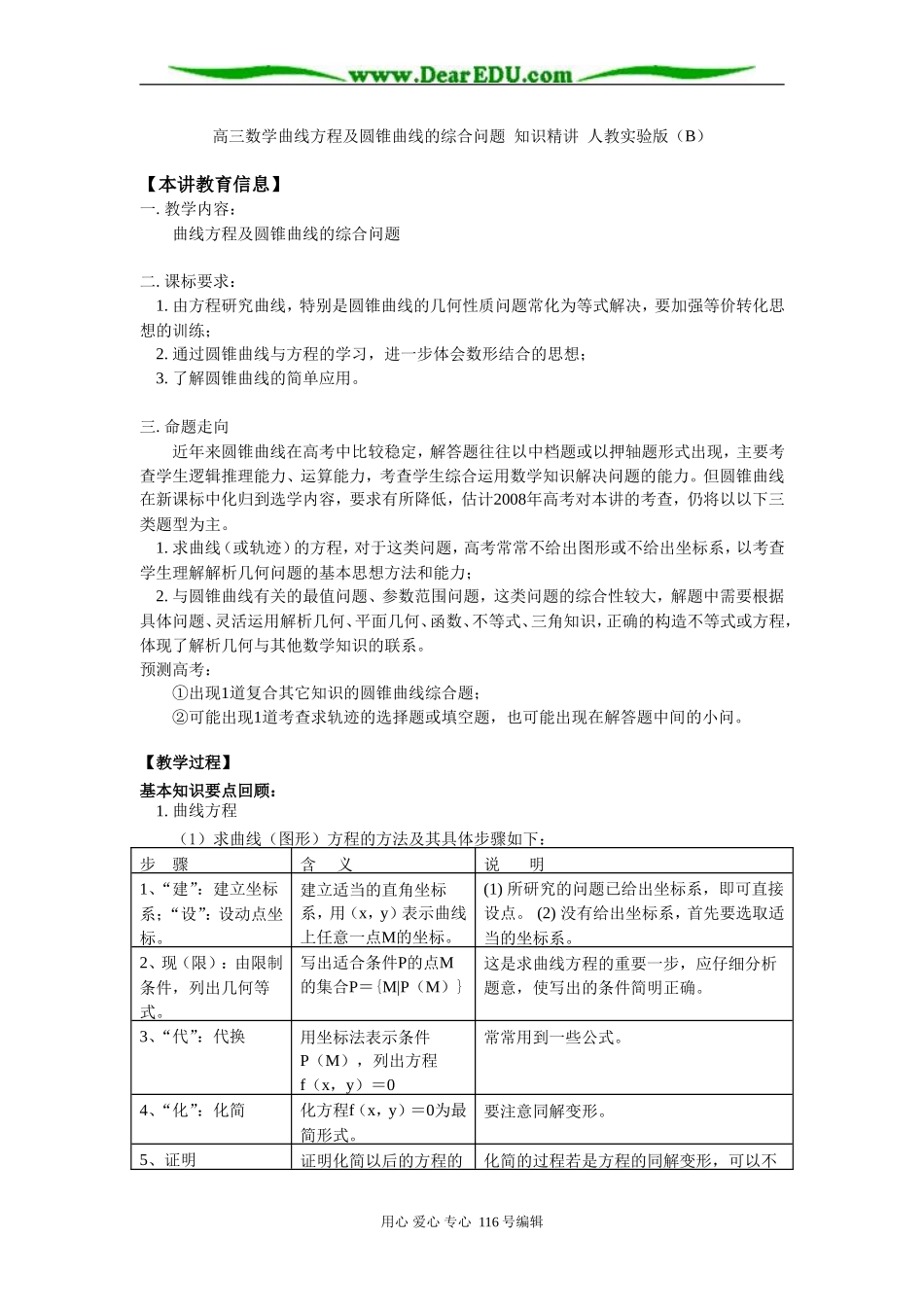 高三数学曲线方程及圆锥曲线的综合问题 知识精讲 人教实验版（B）_第1页