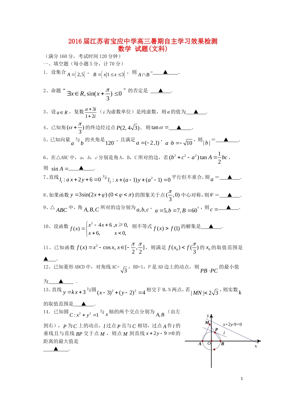 高三数学暑期自主学习效果检测试题 文-人教版高三全册数学试题_第1页
