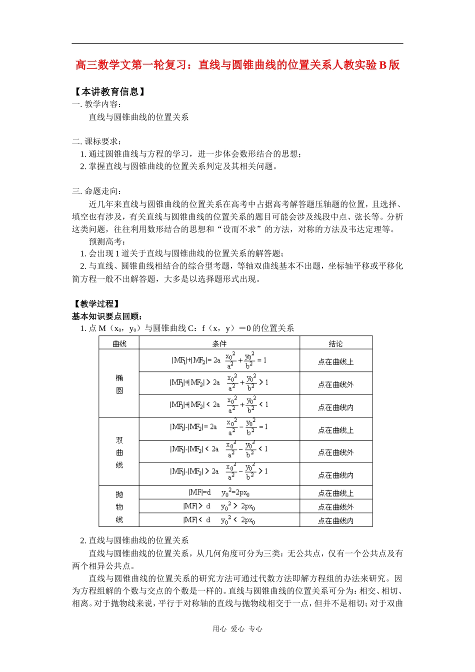 高三数学文第一轮复习：直线与圆锥曲线的位置关系人教实验B版_第1页
