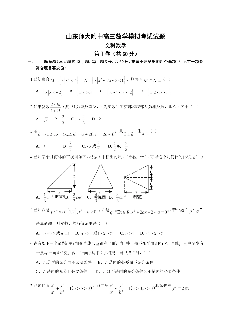 高三数学文科模拟考试含答案及评分标准_第1页