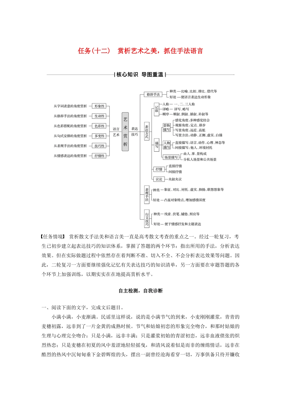 （江苏专版）高考语文二轮复习 复习任务群四 散文文本阅读任务（十二）赏析艺术之美，抓住手法语言教案-人教版高三全册语文教案_第1页