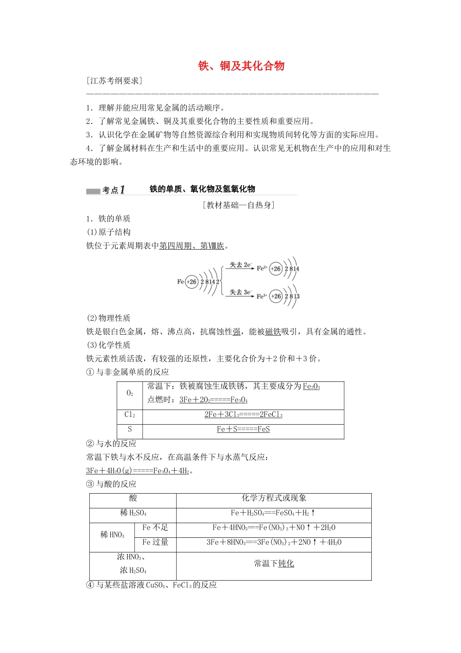 （江苏专版）高考化学一轮复习 专题二 第九讲 铁、铜及其化合物讲义（含解析）-人教版高三全册化学教案_第1页