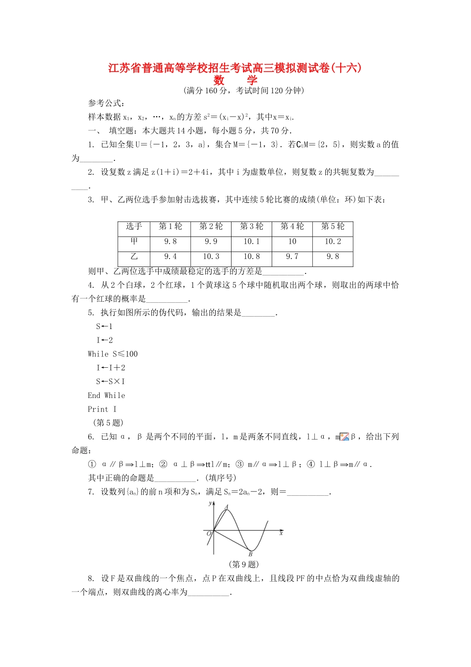 高三数学招生考试模拟测试试题（十六）-人教版高三全册数学试题_第1页