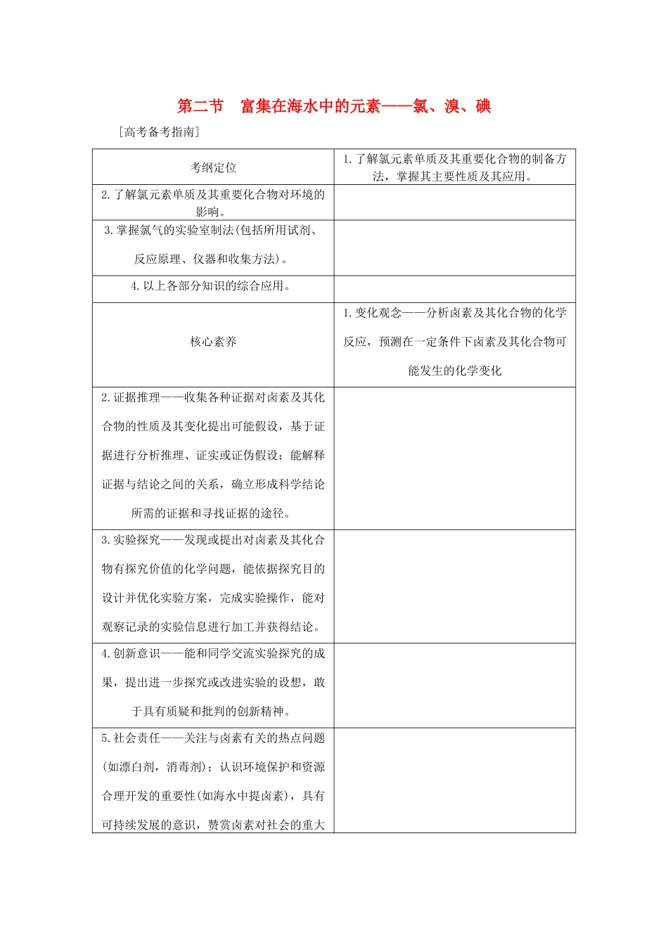 （新课标）高考化学一轮总复习 第4章 第二节 富集在海水中的元素——氯、溴、碘讲义-人教版高三全册化学教案_第1页
