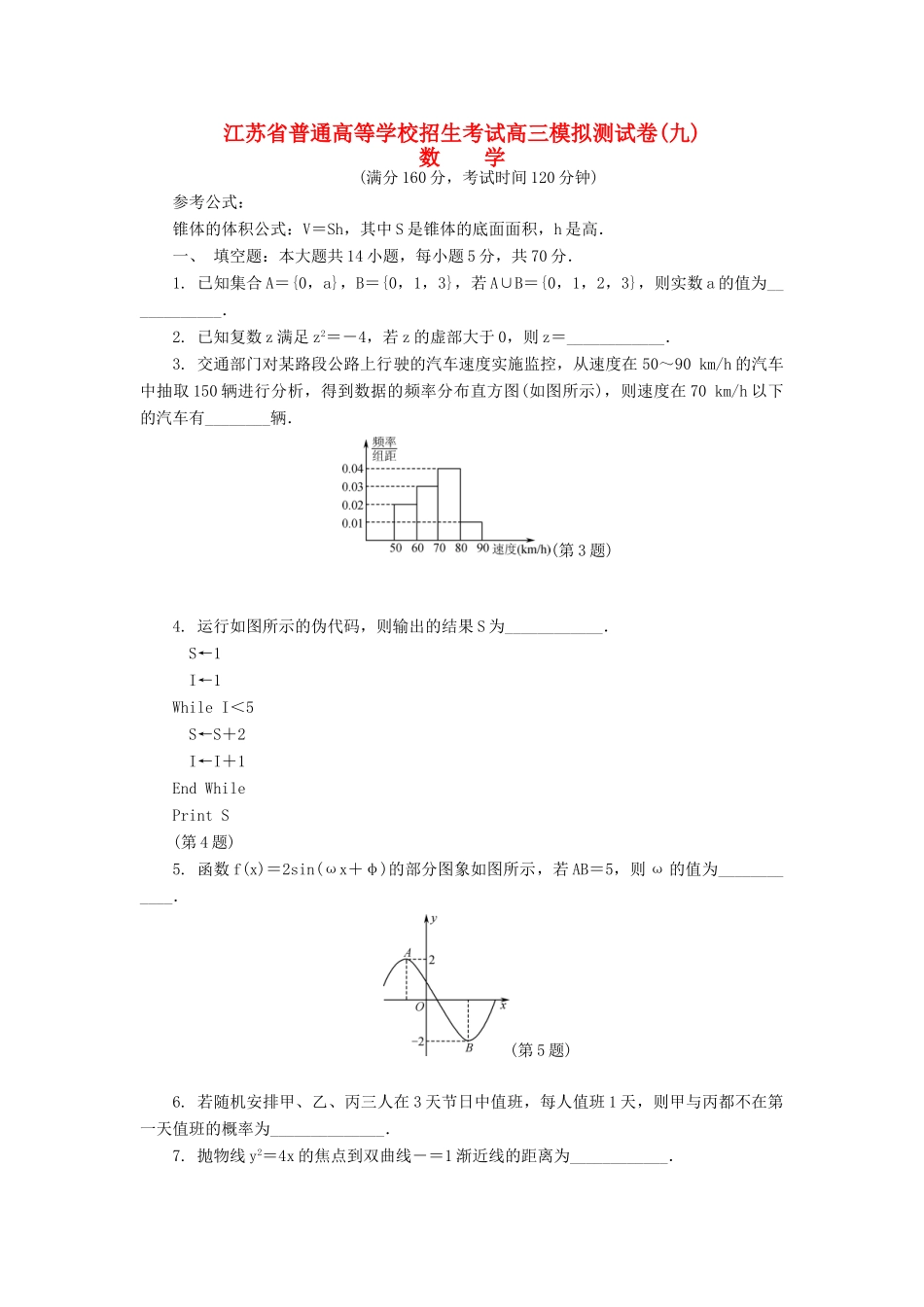 高三数学招生考试模拟测试试题（九）-人教版高三全册数学试题_第1页