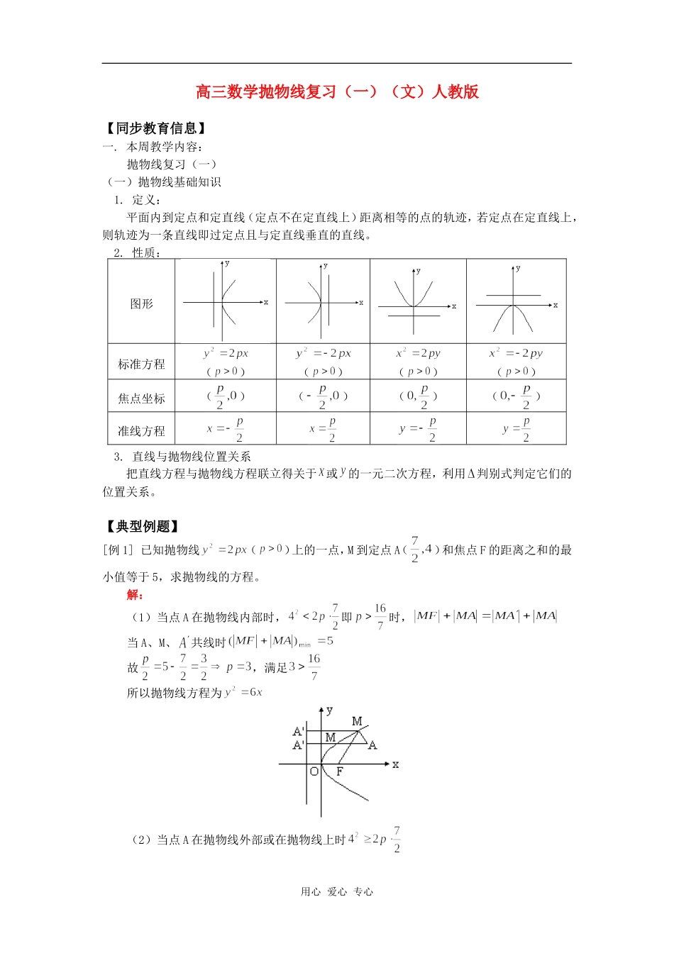 高三数学抛物线复习（一）（文）人教版知识精讲_第1页