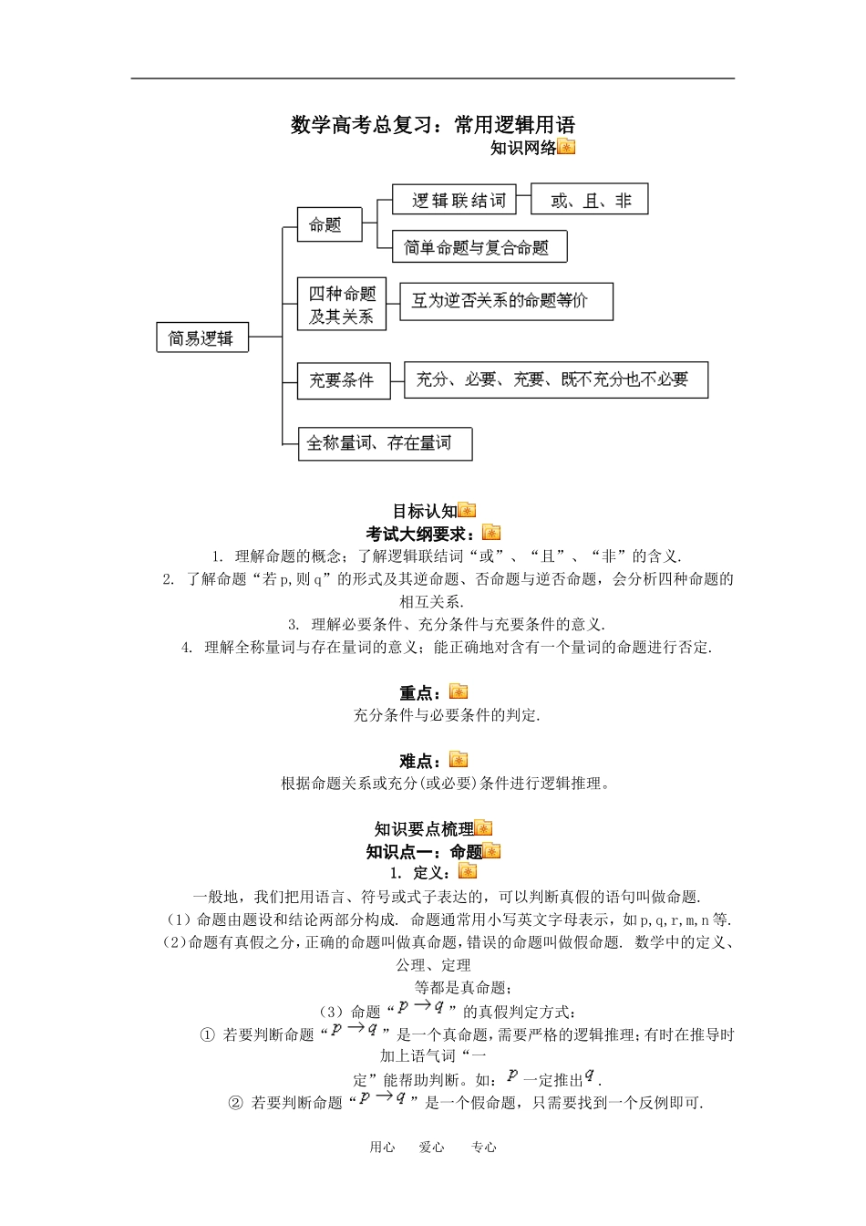 高三数学总复习：常用逻辑用语理科知识点分析全国通用_第1页
