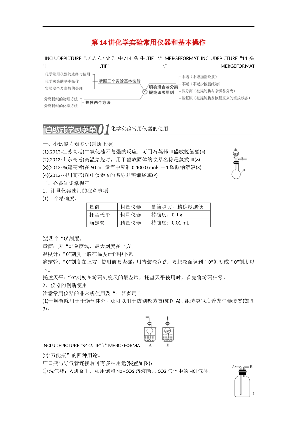 （搏击倒计时）2014届高考化学冲刺讲义 专题十四化学实验常用仪器和基本操作_第1页