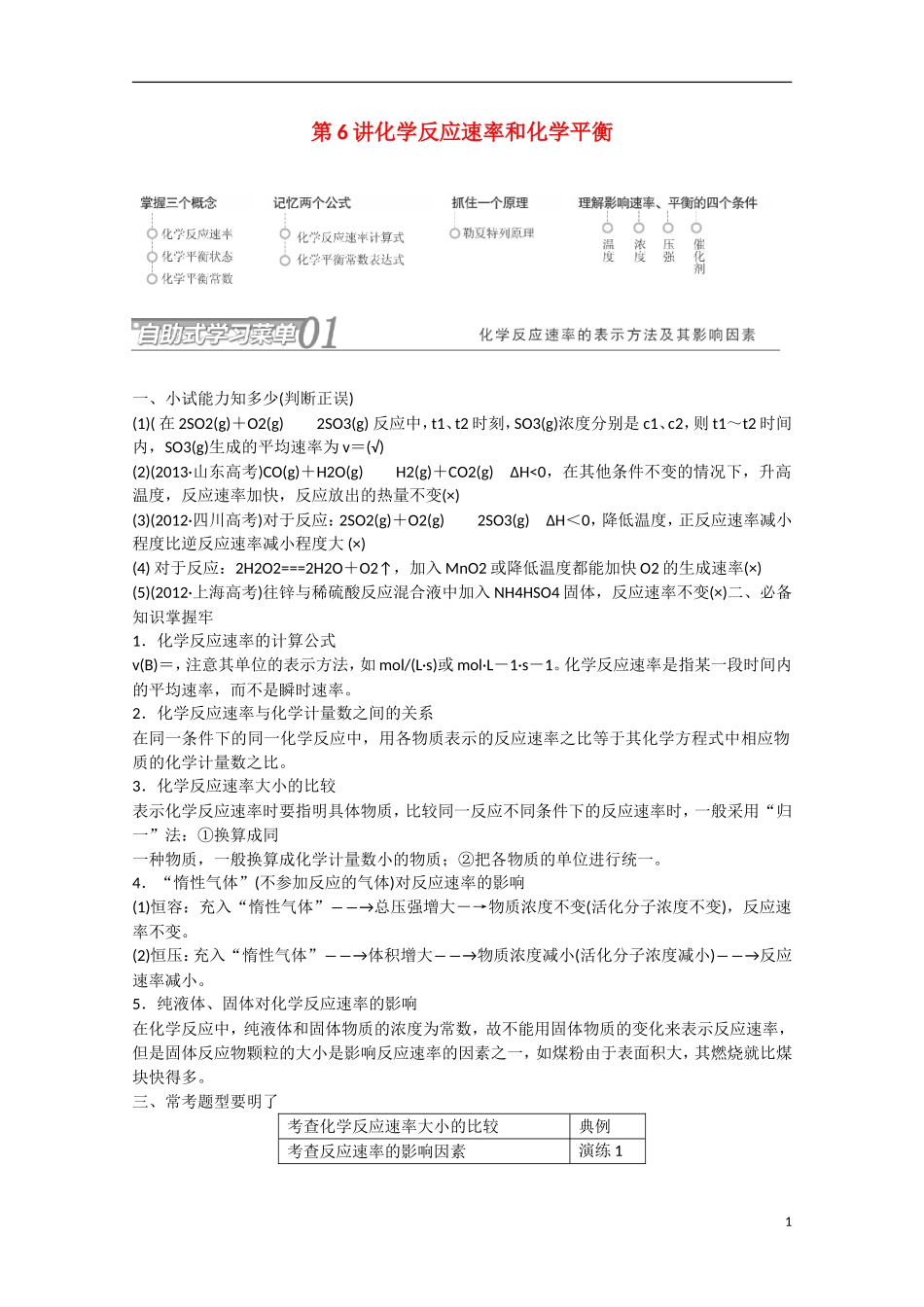 （搏击倒计时）2014届高考化学冲刺讲义 专题六 化学反应速率与化学平衡_第1页