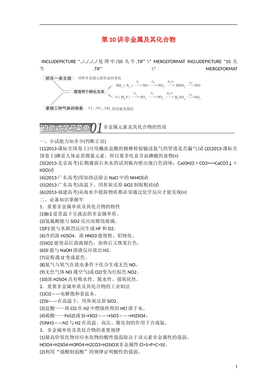 （搏击倒计时）2014届高考化学冲刺讲义 专题十 非金属及其化合物_第1页
