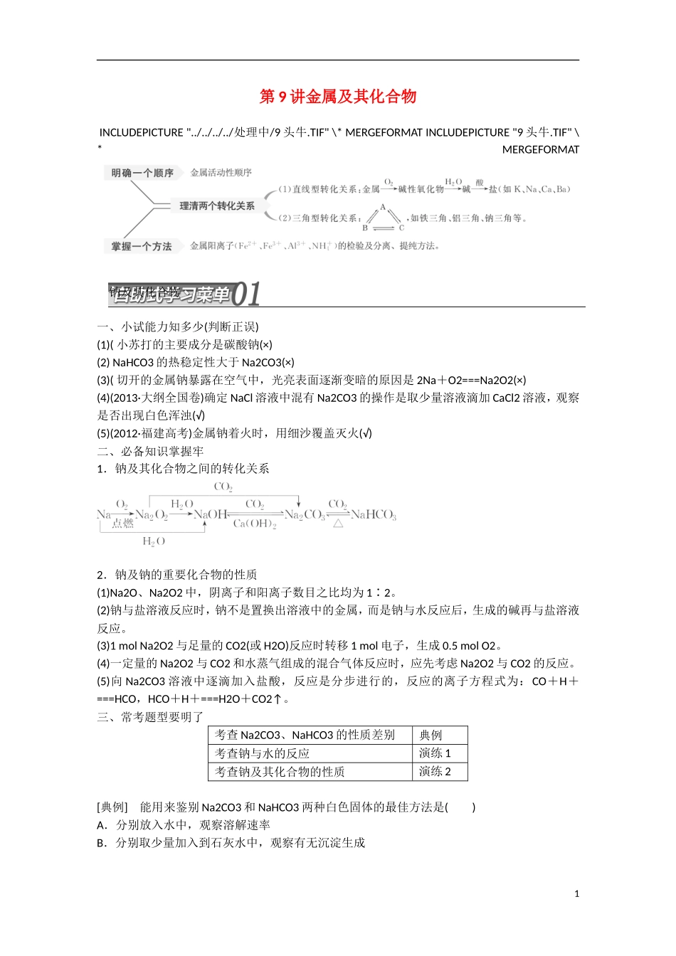 （搏击倒计时）2014届高考化学冲刺讲义 专题九 金属及其化合物_第1页