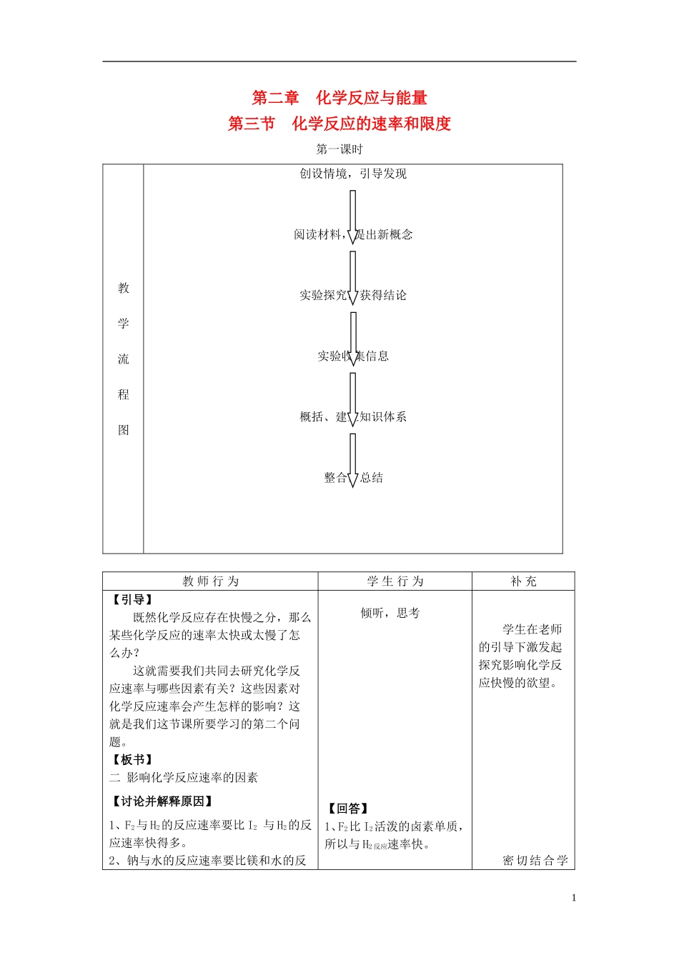 （名师课堂）2013-2014学年高中化学 第二章第3节化学反应的速率和限度教学设计 新人教版必修2 _第1页