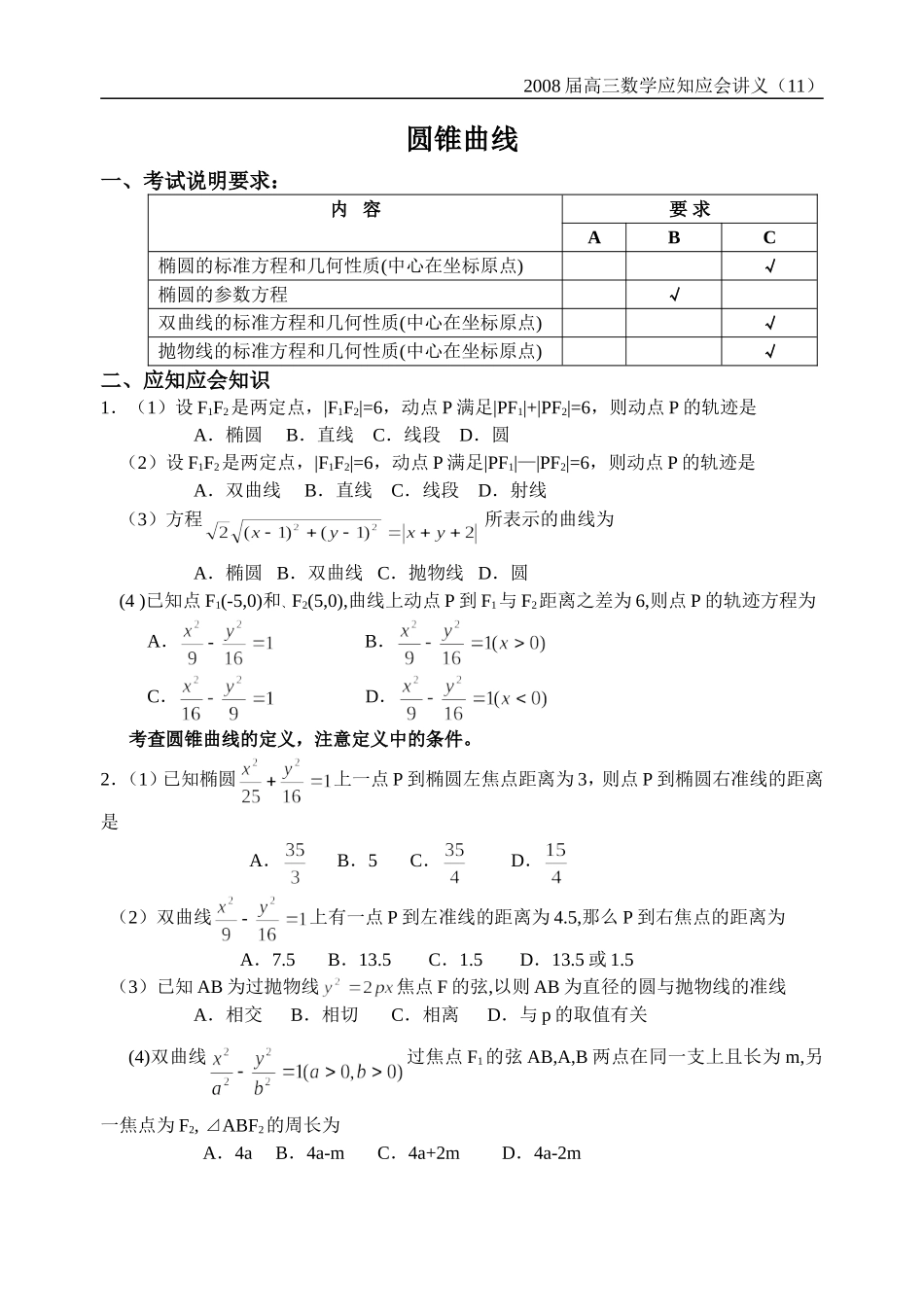 高三数学应知应会过关检测讲义11——圆锥曲线_第1页