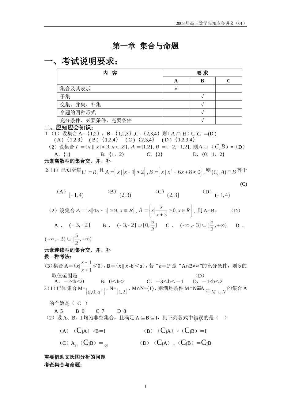 高三数学应知应会过关检测讲义01——集合与命题_第1页