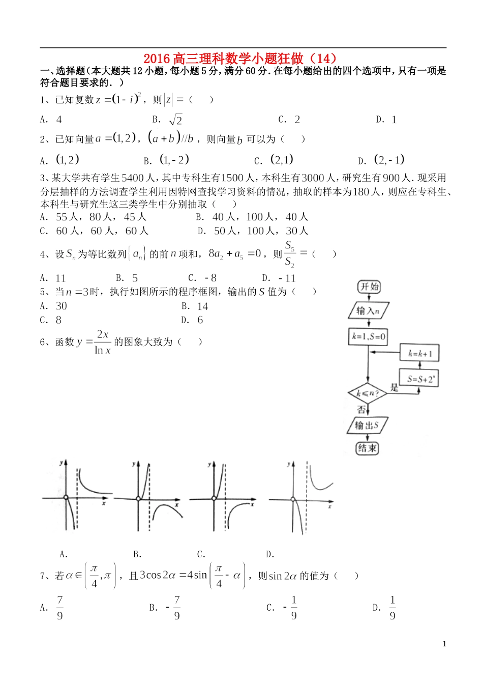 高三数学小题狂做（14）理-人教版高三全册数学试题_第1页