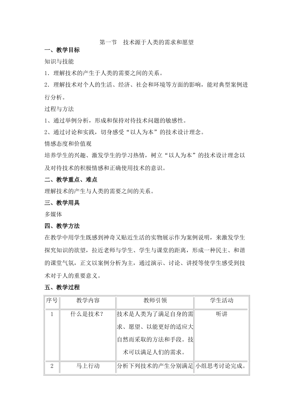 高中通用技术1.1技术源于人类的需求和愿望教案_第1页