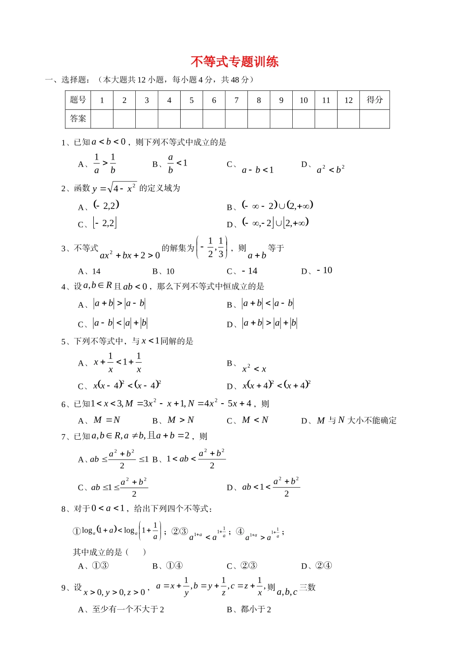 高三数学基本知识专题训练——不等式专题训练_第1页