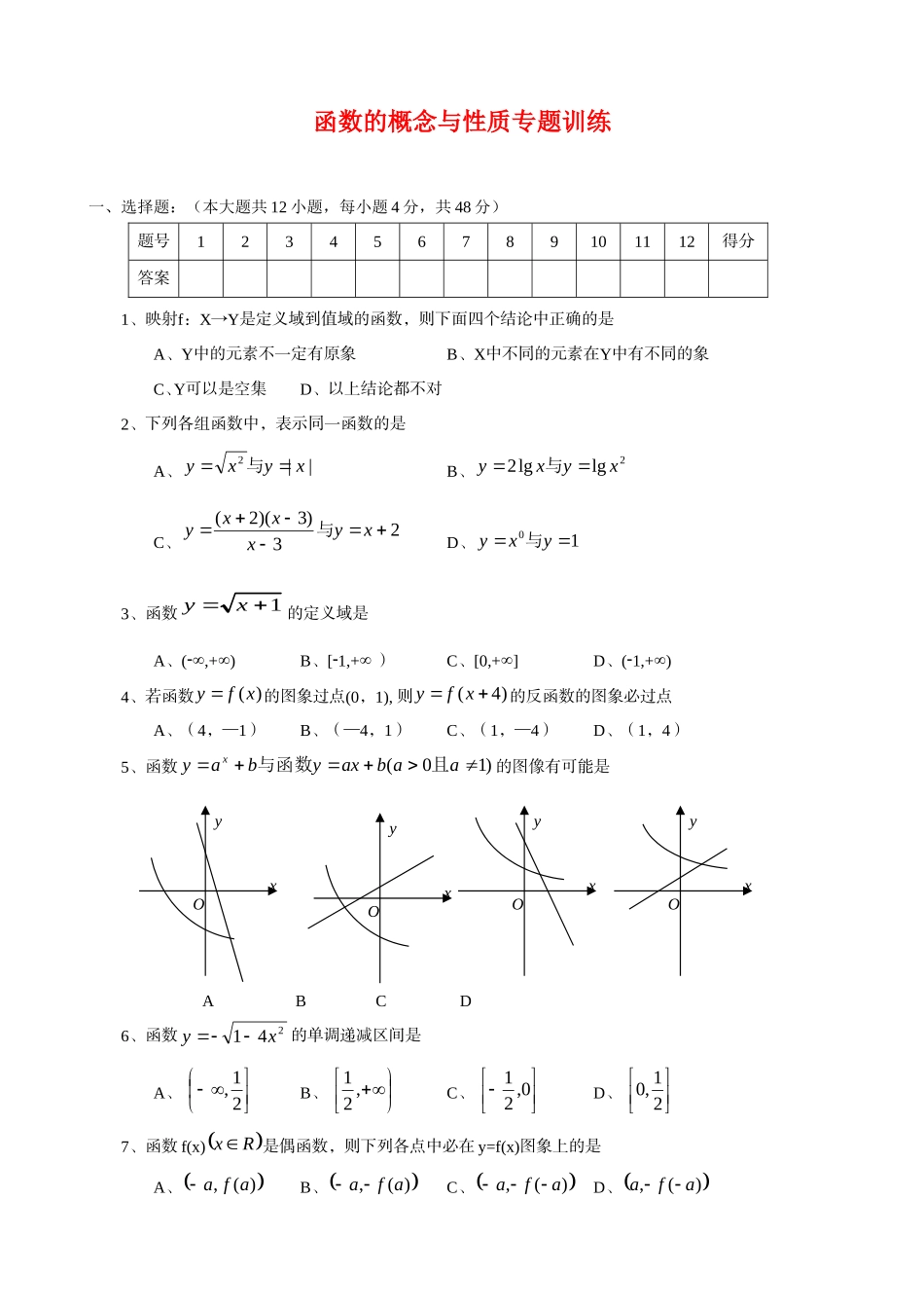 高三数学基本知识专题训练－－函数的概念与性质_第1页