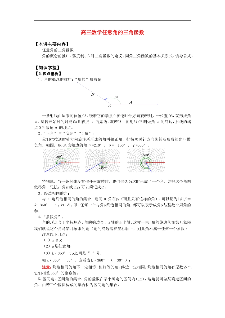 高三数学任意角的三角函数知识精讲_第1页
