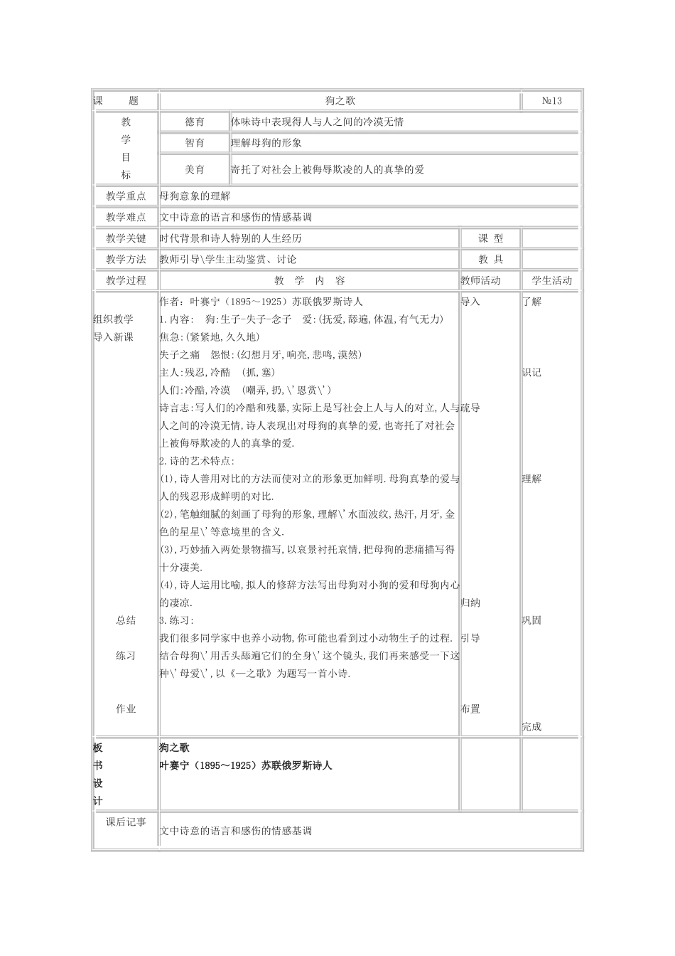高中语文《狗之歌》教案 新人教版选修外国诗歌散文欣赏_第1页