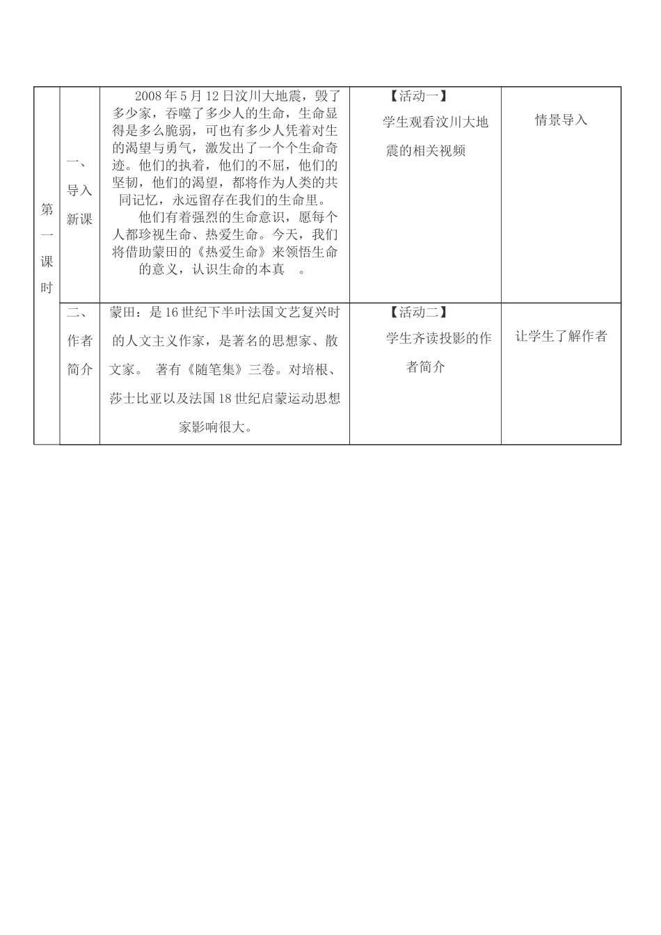 高中语文《热爱生命》教学设计 新人教版必修4_第2页