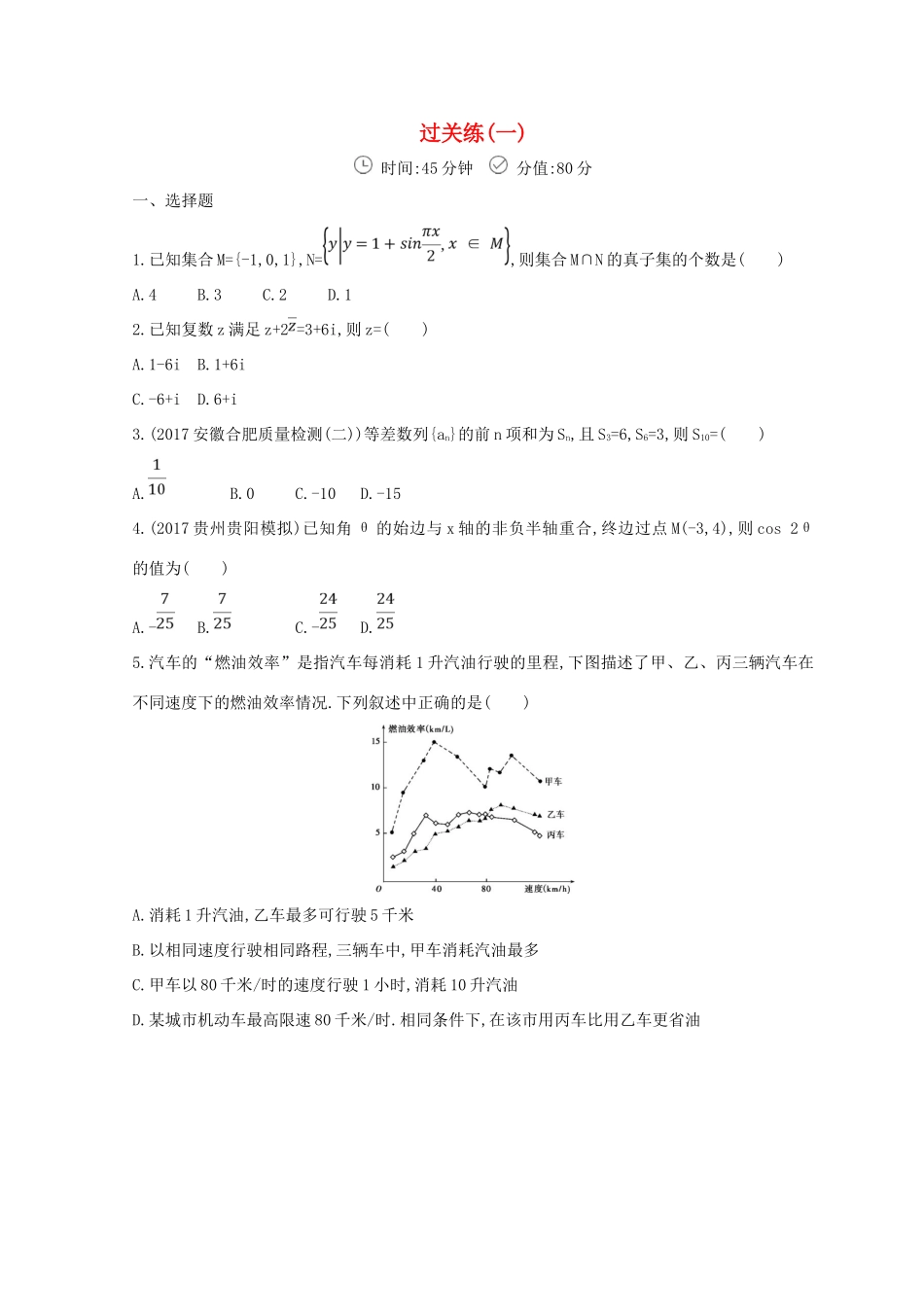 高三数学二轮复习 冲刺提分作业 第三篇 多维特色练小题分层练 过关练（一）文-人教版高三全册数学试题_第1页