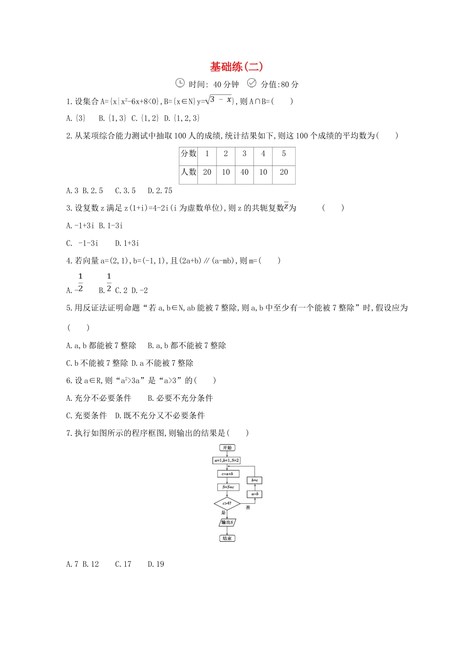 高三数学二轮复习 冲刺提分作业 第三篇 多维特色练 小题分层练 基础练（二）理-人教版高三全册数学试题_第1页