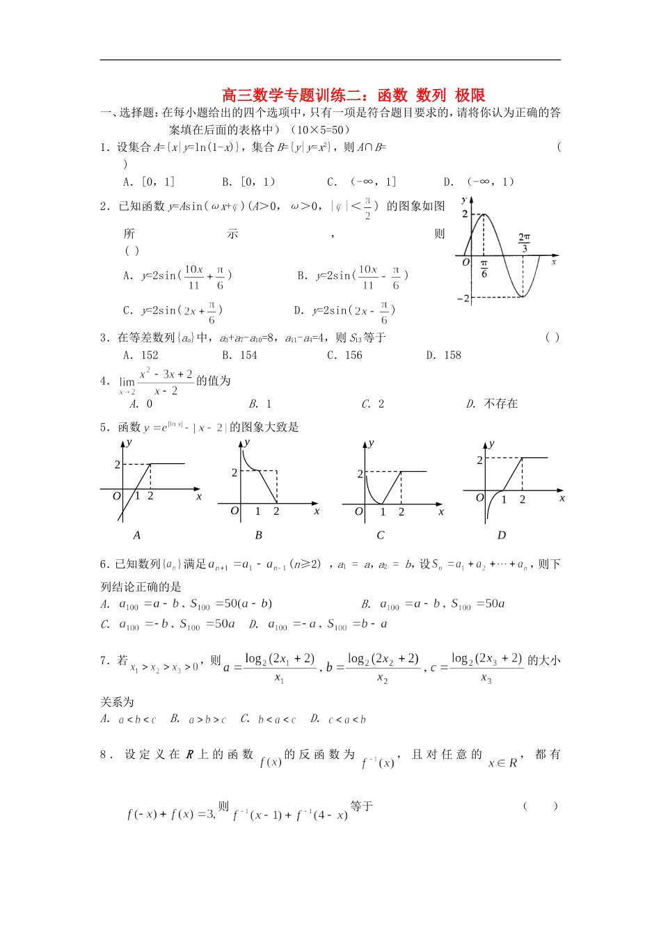高三数学专题训练二：函数 数列 极限_第1页