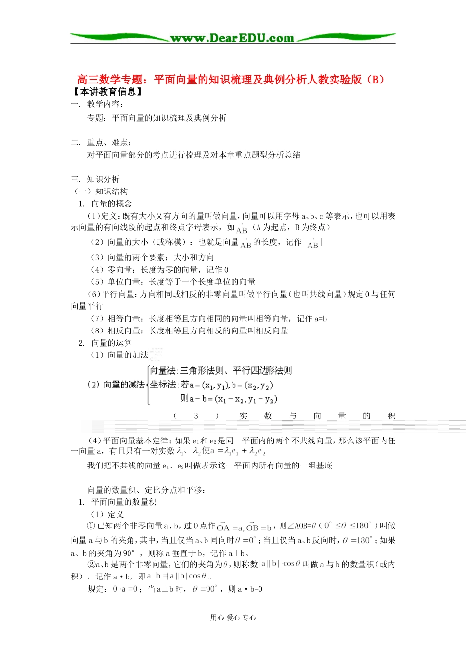 高三数学专题：平面向量的知识梳理及典例分析人教实验版（B）知识精讲_第1页