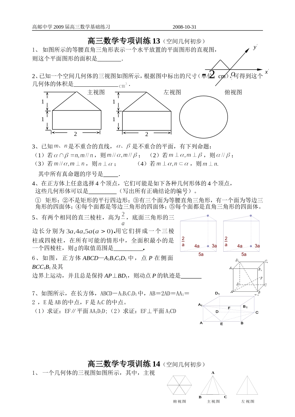 高三数学专项练习13、14（立体几何）_第1页