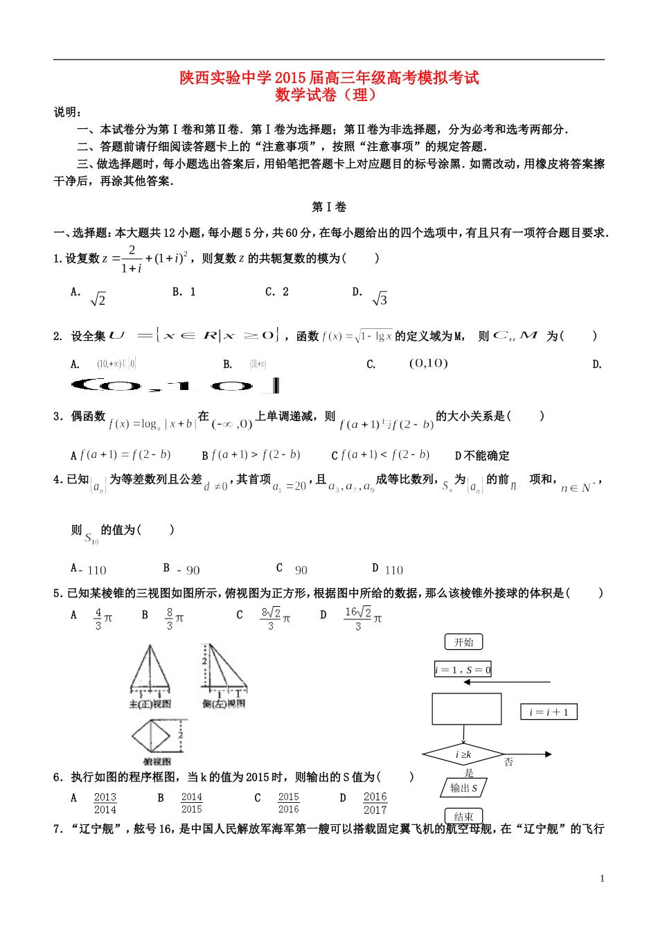 高三数学下学期考前模拟试题 理-人教版高三全册数学试题_第1页