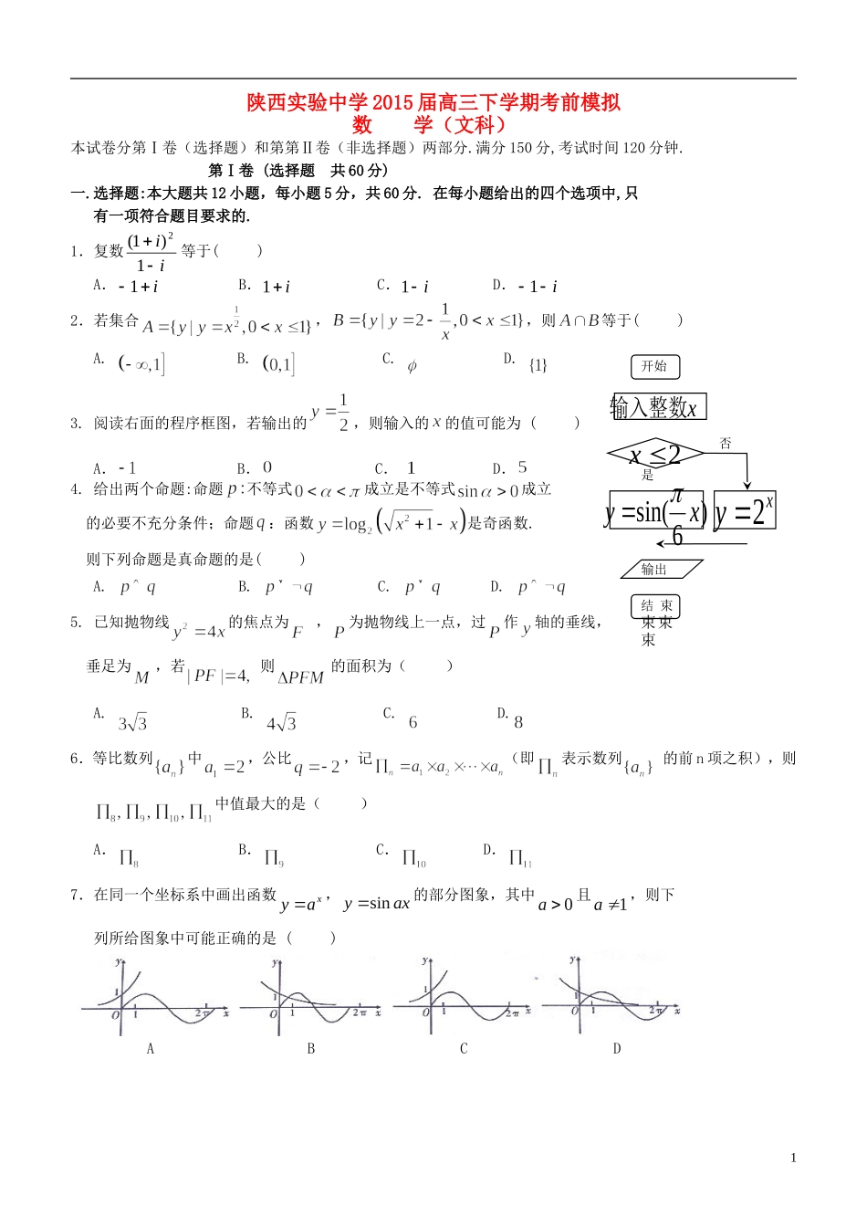高三数学下学期考前模拟试题 文-人教版高三全册数学试题_第1页