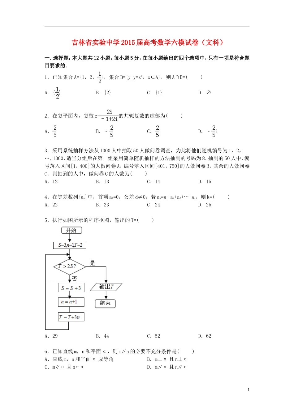 高三数学下学期第六次模拟试卷 文（含解析）-人教版高三全册数学试题_第1页