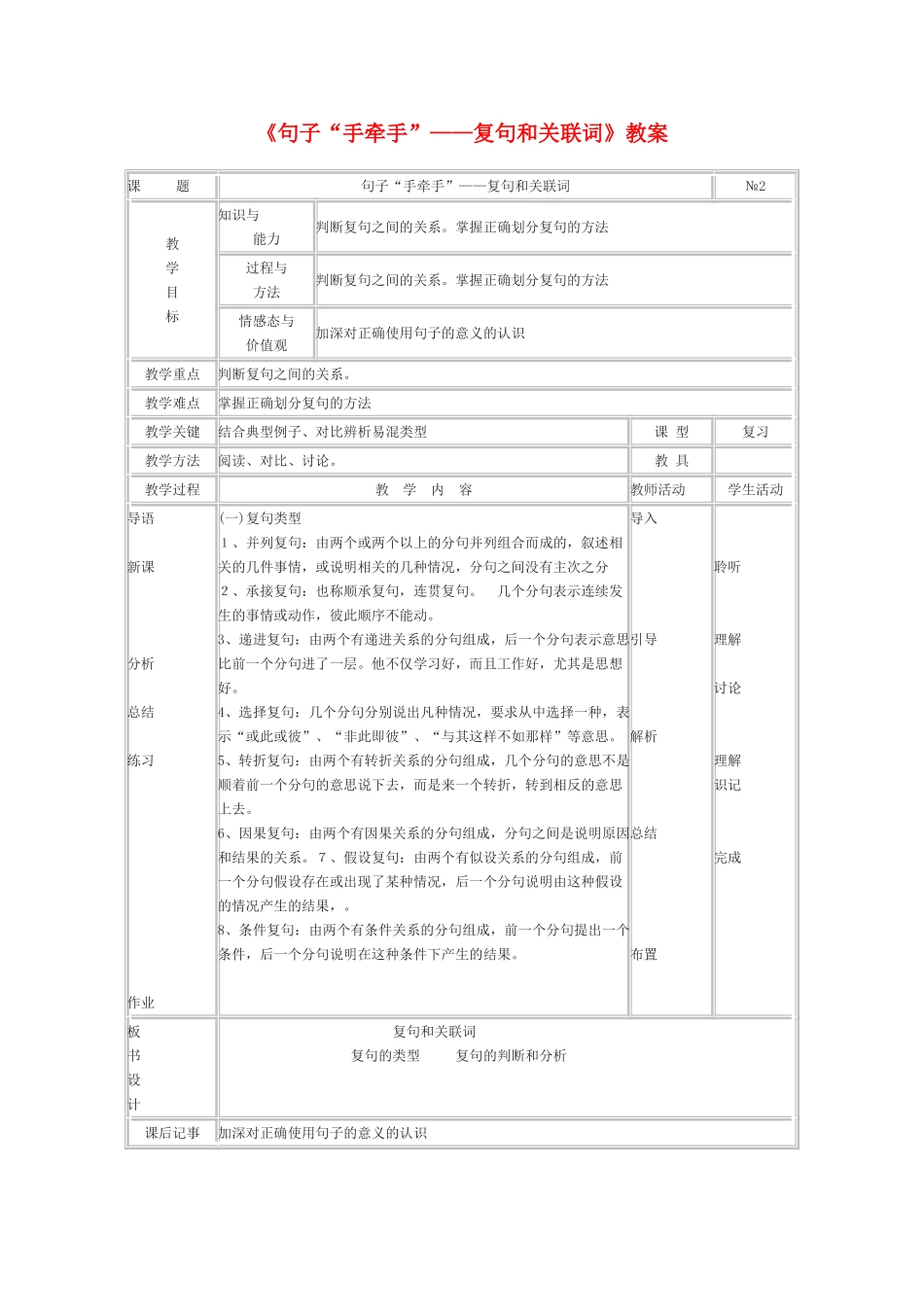 高中语文《句子手牵手-复句和关联词》教案 人教版选修《语言文字应用》_第1页