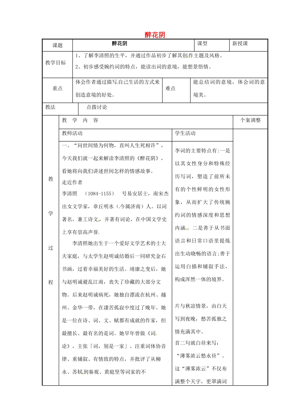 高中语文 专题十一 醉花阴教案 苏教版选修《唐诗宋词选读》-苏教版高二《唐诗宋词选读》语文教案_第1页