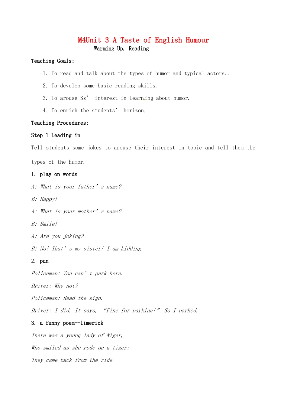 高中英语 Unit3 A taste of English humour教案 新人教版必修4-新人教版高二必修4英语教案_第1页