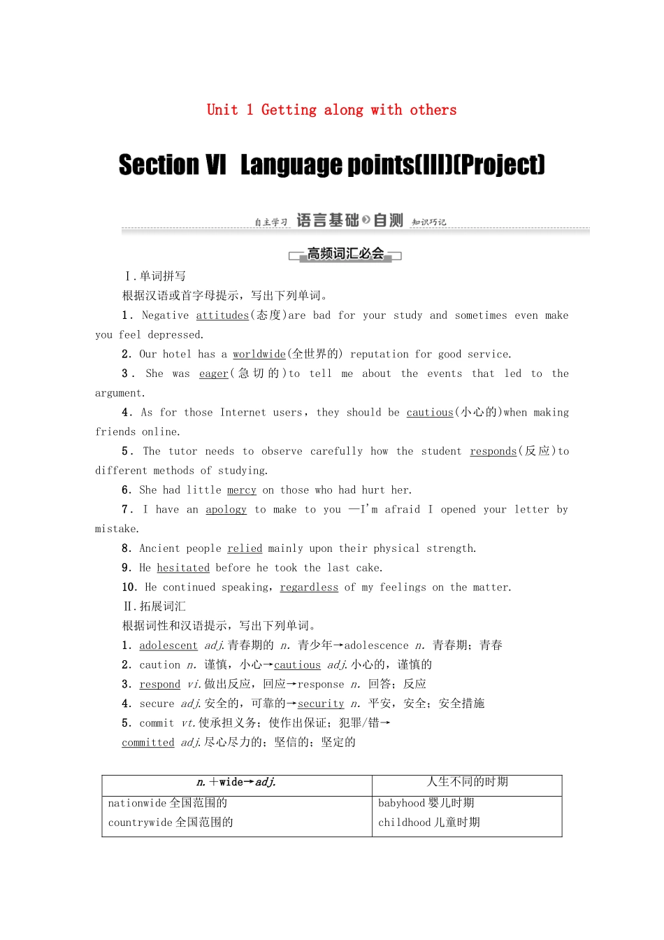 高中英语 Unit 1 Getting along with others Section Ⅵ Language points（Ⅲ）（Project）（教师用书）教案 牛津译林版必修5-牛津版高二必修5英语教案_第1页