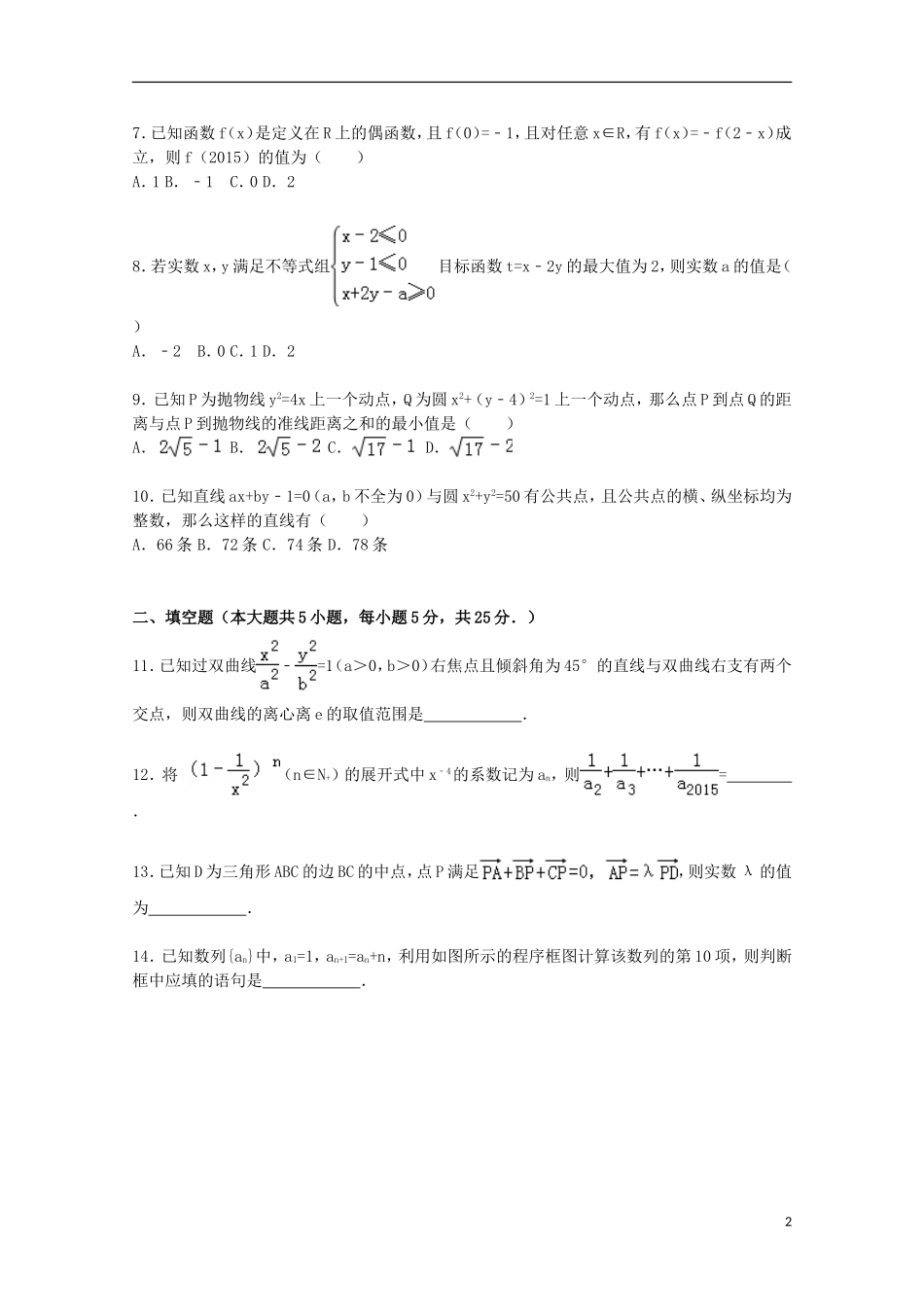 高三数学上学期第一次诊考试题 理（含解析）-人教版高三全册数学试题_第2页